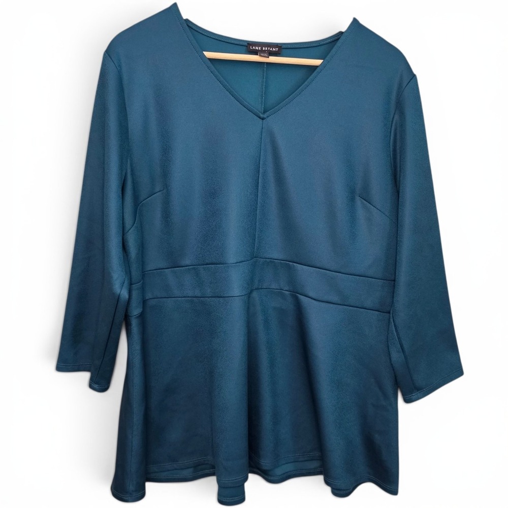 Lane Bryant Top Womens Plus 18/20 Teal V Neck 3/4 Sleeve Blouse Peplum